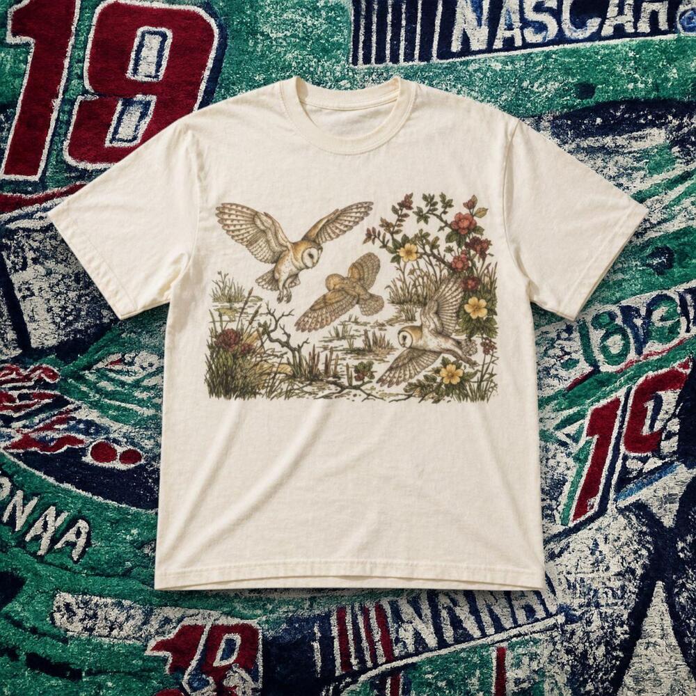 White Owl Nature Graphic T Shirt Cottagecore Bird Floral Aesthetic Tee